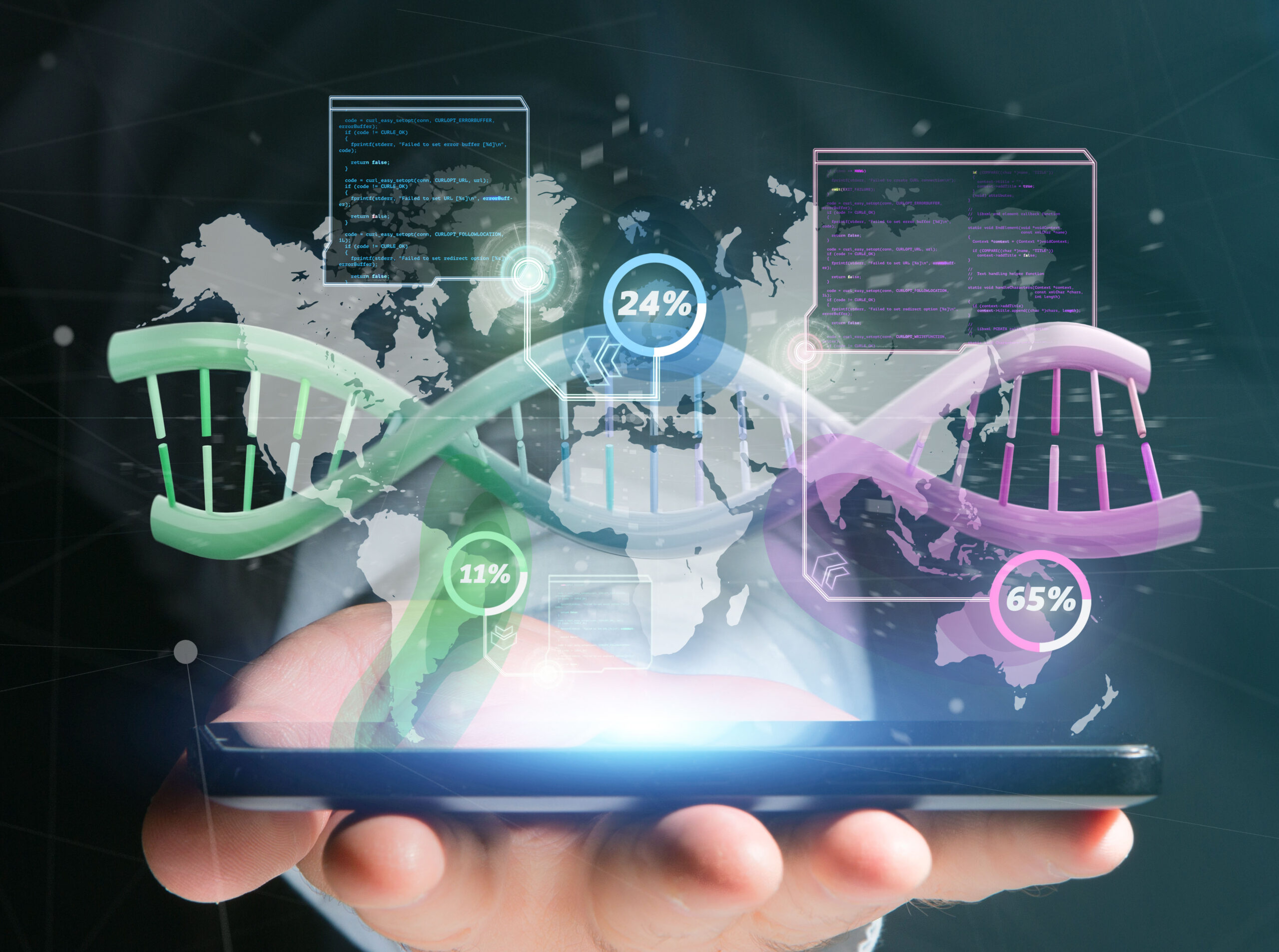 View,Of,A,Businessman,Holding,A,Dna,Over,A,World