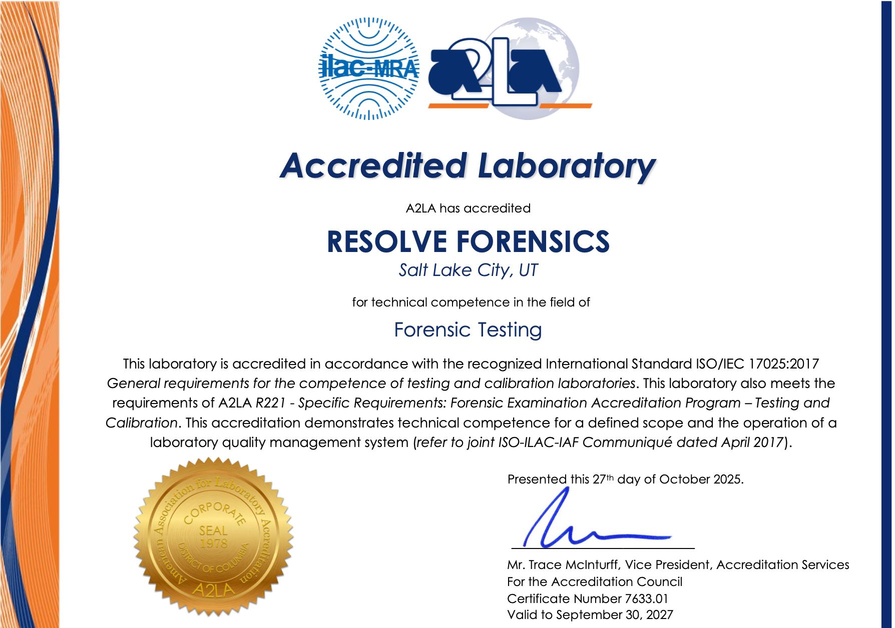 Resolve Forensics-A2LA Forensic DNA Lab Accreditation